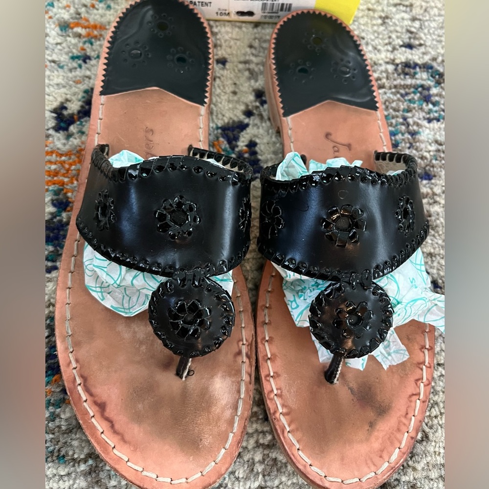 Jack Rogers NAVAJO Thong Slip On Sandals Black Patent Leather Size 10 WITH BOX